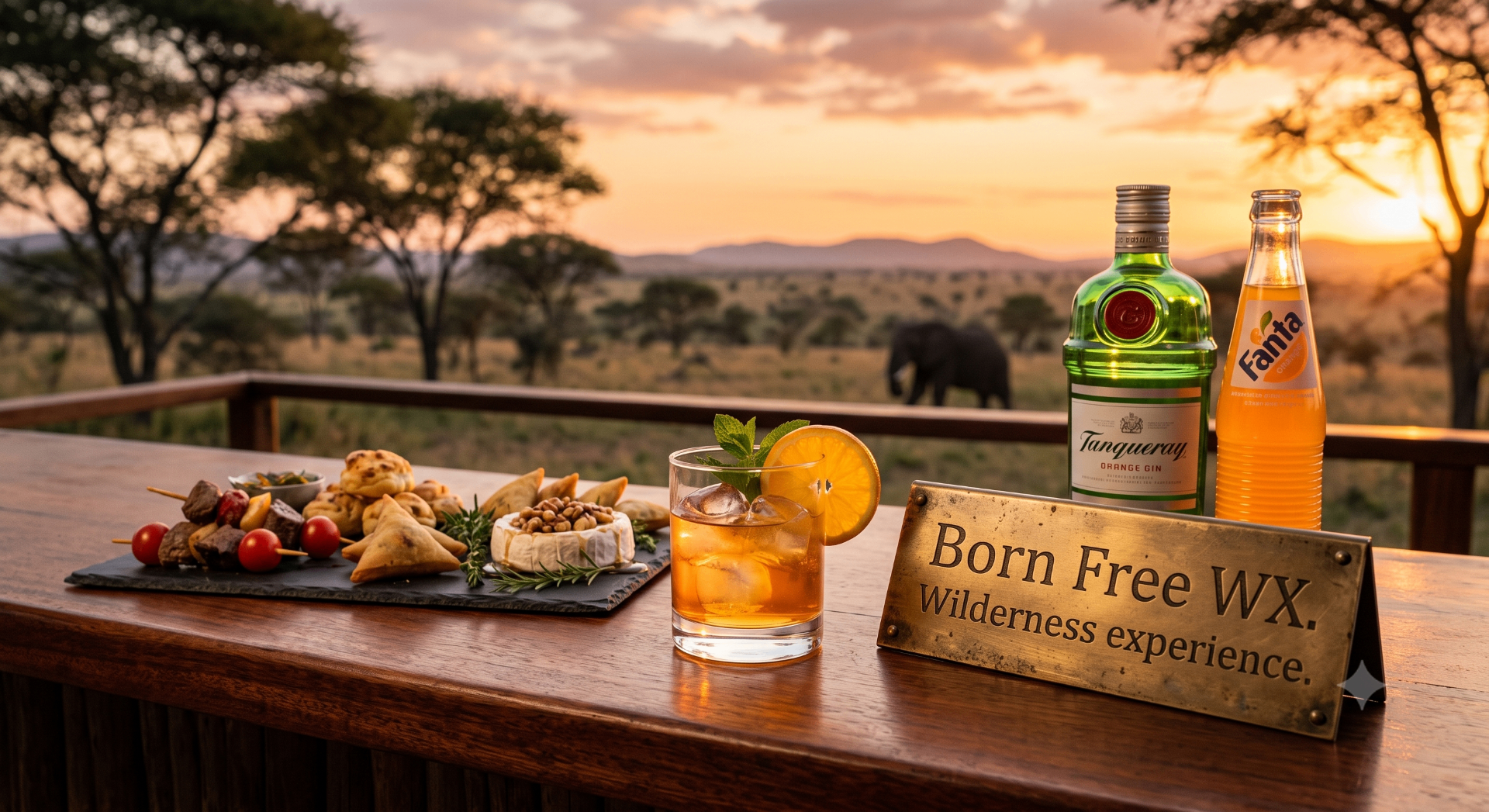 Born Free WX wilderness experience — Anymal Bites with Tanqueray Orange & Fanta at savannah sunset